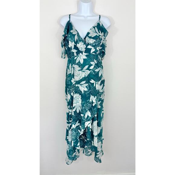 Bardot Green Floral Maxi Dress Size 6 | Flowy Ruffle Asymmetrical Hem - Picture 1 of 8